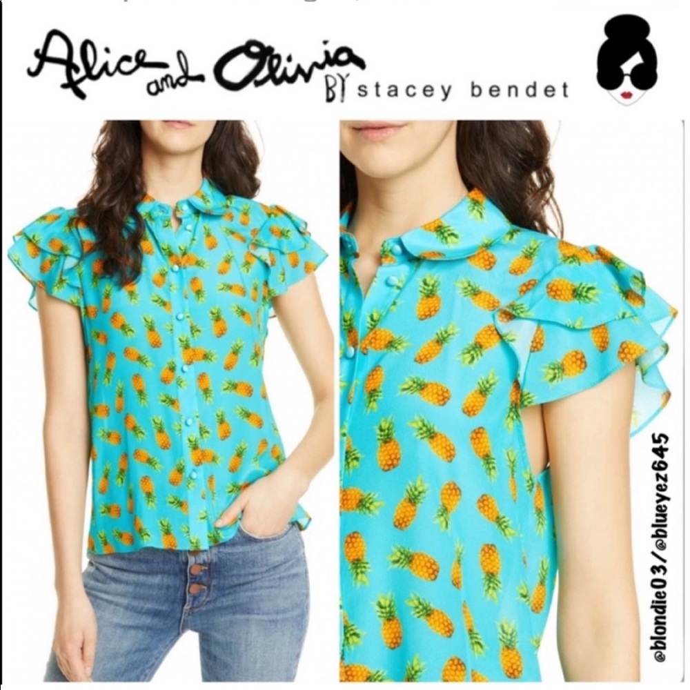 Alice + Olivia Ziggy Ruffle Cap Sleeve Silk Blouse S NWT‎